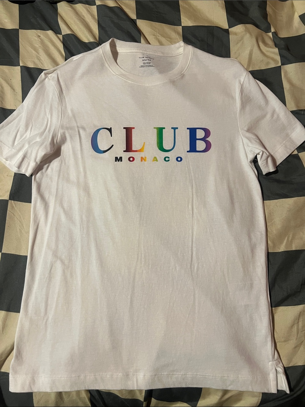 Club Monaco White Tee with Rainbow CLUB Logo